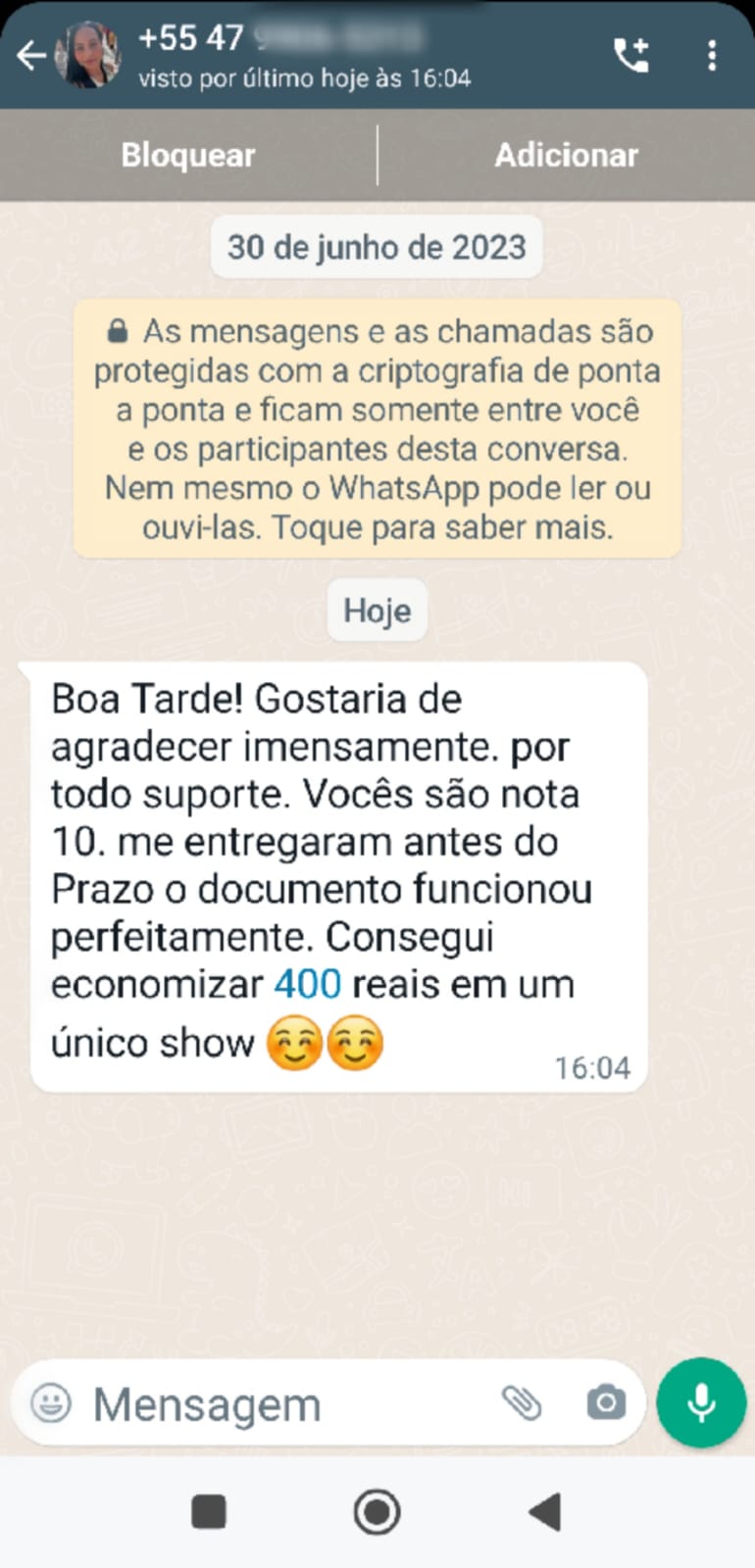 Print de WhatsApp datado de 30 de junho de 2023: cliente elogia o atendimento e relata sua experiência com a entrega e o uso do documento.